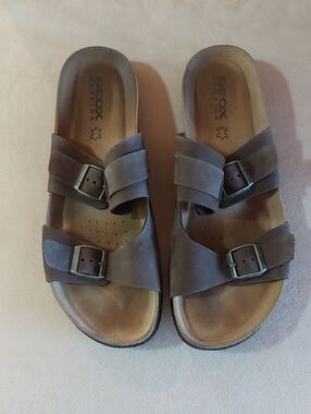 Geox Brown Nubuck Double-Buckle Slide Sandals